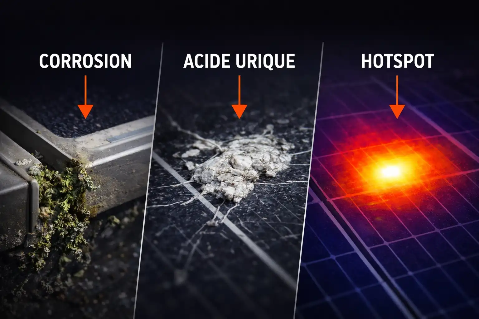 Diagnostic technique : corrosion, acide urique et détection de hotspots sur panneaux solaires